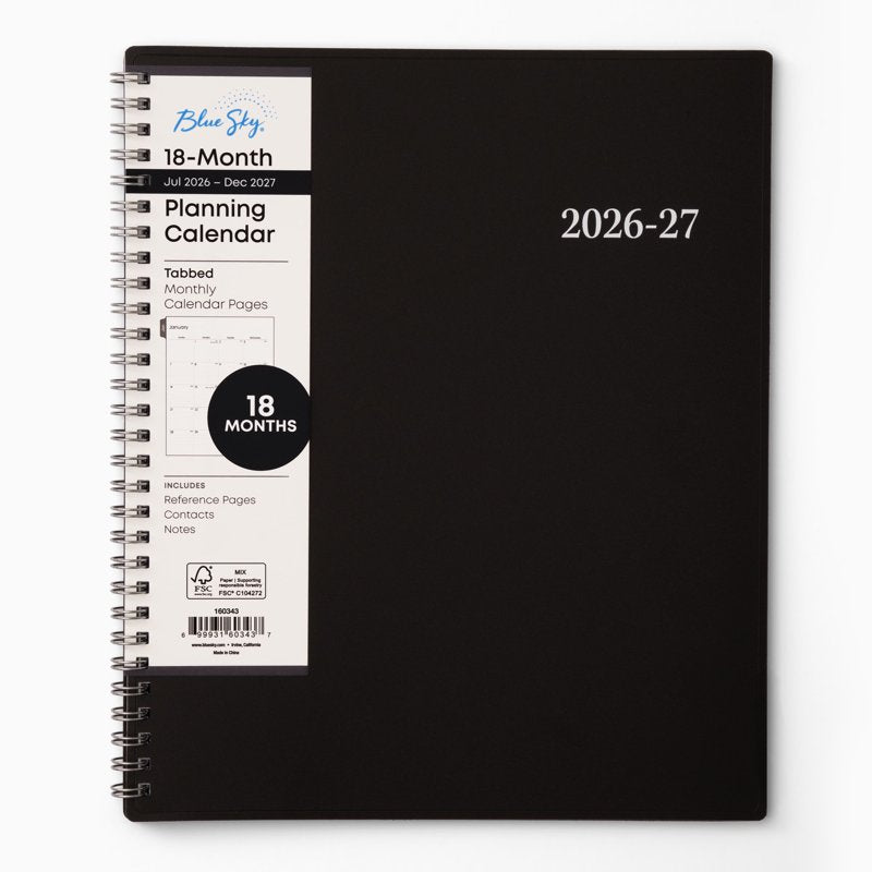 2027 Monthly Planner Calendar, 18 Months, July 2026 - Dec 2027, 8x10, Flexible Cover, Silver Wirebound