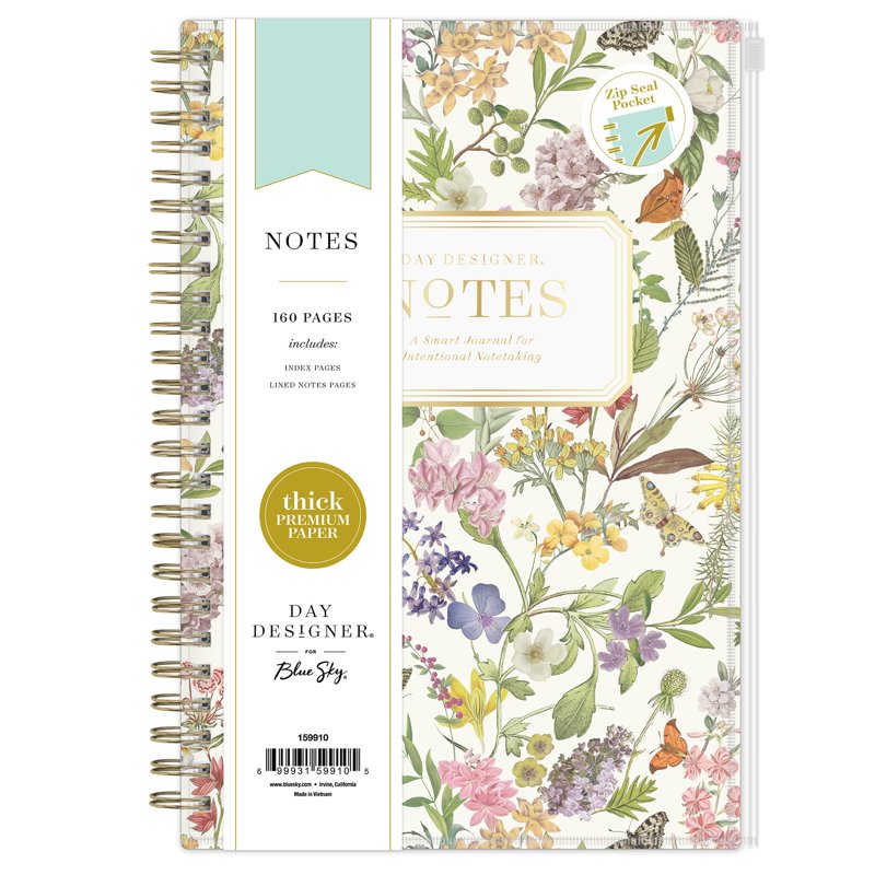 Blue Sky Day Designer Zip Pocket Cover Notebook - 5.75" x 8.5" Floral Journal, 160 Lined Pages, Gold Wire Binding