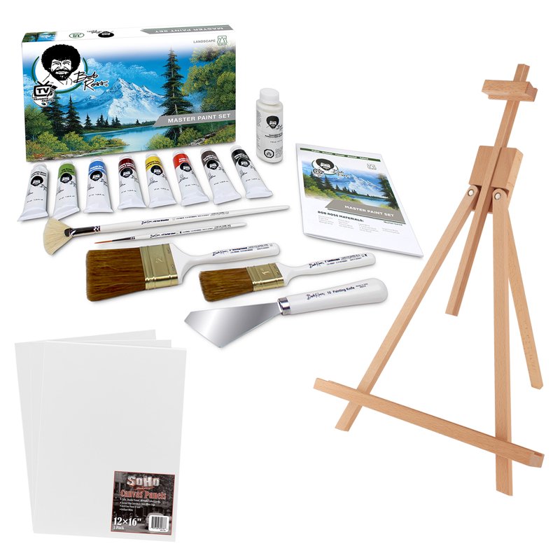 Bob Ross Oil Painting Set with Canvas Panels & Travel Easel - 15 Piece Art Kit