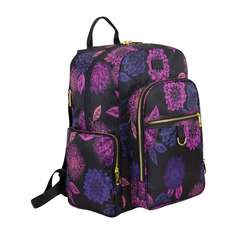 Essential Travel Backpack with Trolley Sleeve and Multiple Pockets - Floral & Black