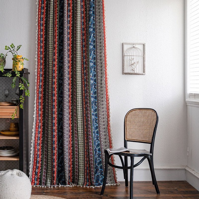 Boho Semi-Blackout Curtain Set with Beige Tassels - Cotton Linen, Multiple Sizes