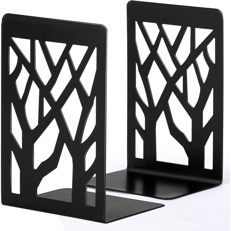 Heavy Duty Metal Book Ends - Tree Design Black Bookends for Shelves, 2 Pack