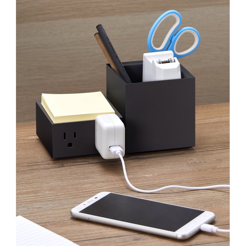 Desktop Power Outlet & Pencil Organizer Kit - 2 Outlets, Storage Tray, Black