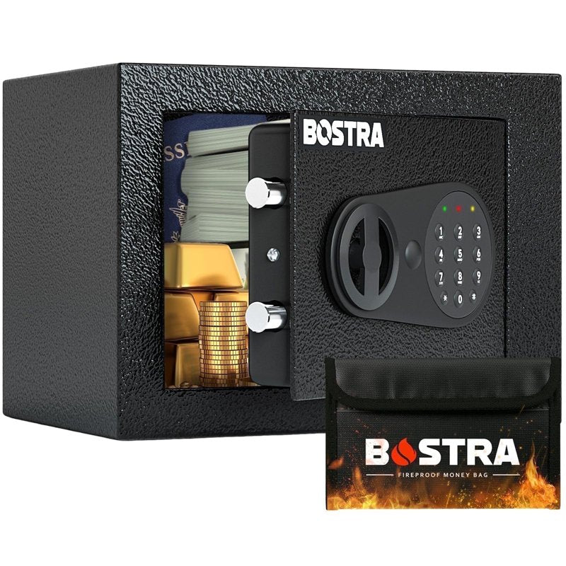 Digital Safe Box with Alarm Sensor Light & Fireproof Bag, 9x6.6x6.5 inch, Black