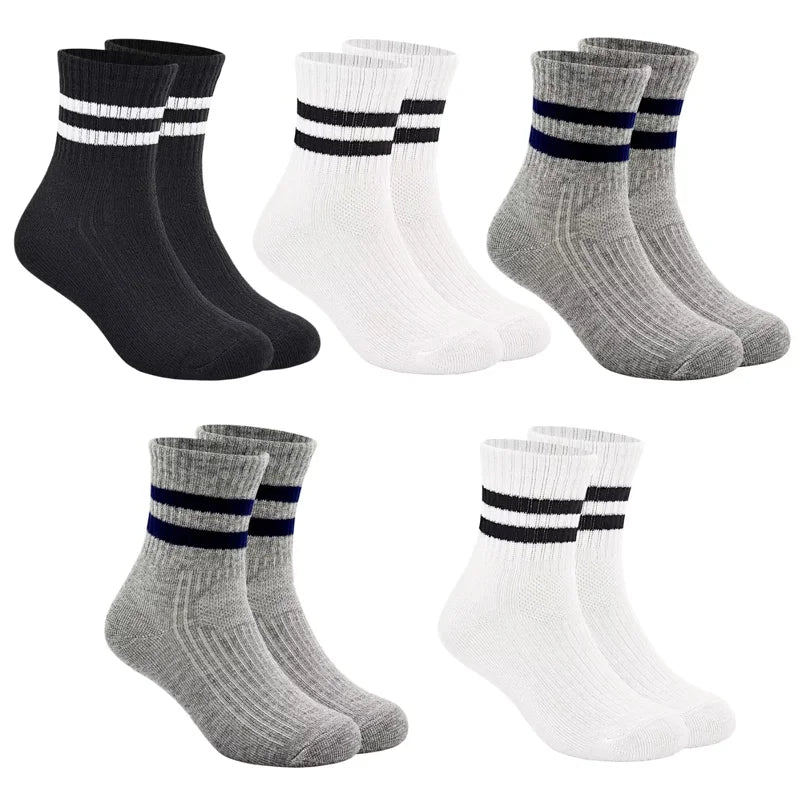 Kids Crew Socks 5 Pairs - Cotton Athletic Socks for Boys & Girls, All Sizes & Colors