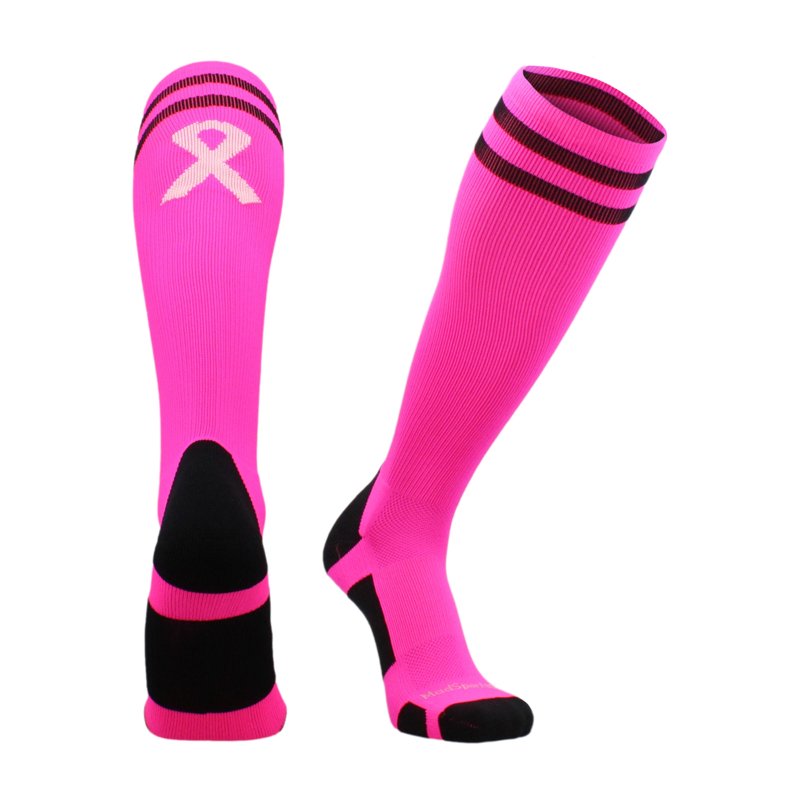 Breast Cancer Awareness Socks with Stripes - Neon Pink & Pale Pink, Large