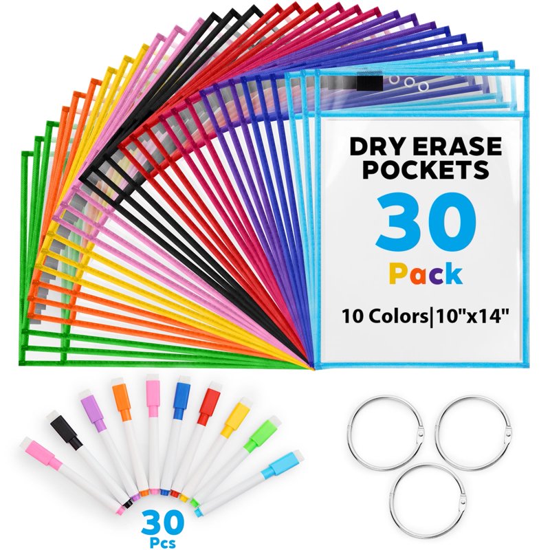 30 Pack Reusable Dry Erase Pocket Sleeves with 3 Rings - 10x14 Inch Plastic Sheet Protectors for Classroom Office and Organization