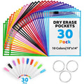 30 Pack Reusable Dry Erase Pocket Sleeves with 3 Rings - 10x14 Inch Plastic Sheet Protectors for Classroom Office and Organization