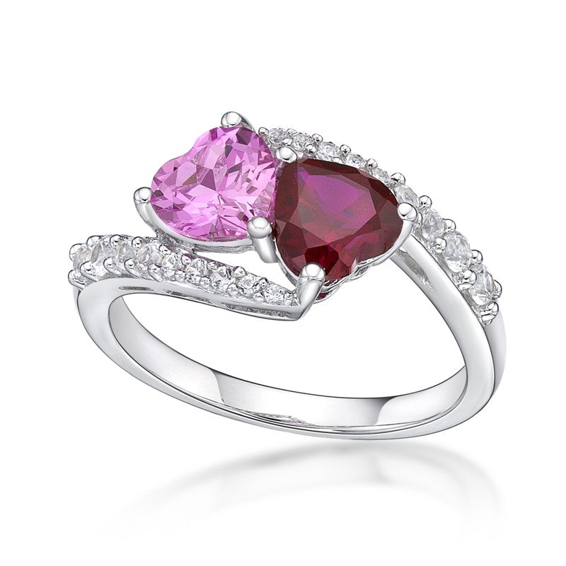 Sterling Silver Created Ruby & Pink Sapphire Double Heart Ring Personalized Jewelry