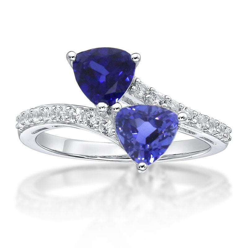 Sterling Silver Sapphire & White Sapphire Bypass Ring - Adjustable Sizes