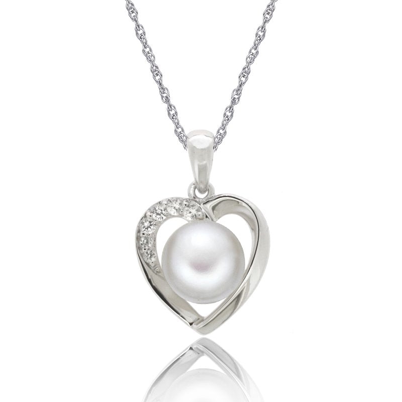 Sterling Silver Pearl and White Sapphire Pendant Necklace - 18 Inch Chain