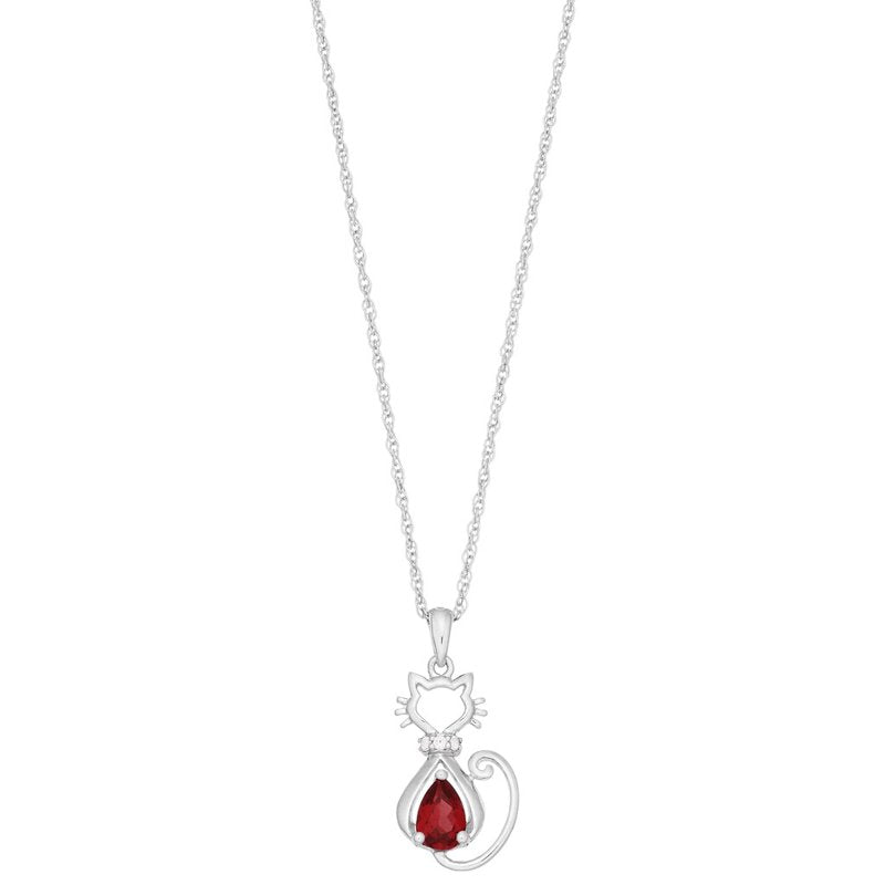 Sterling Silver Cat Pendant with Garnet and White Sapphire - Adjustable Chain
