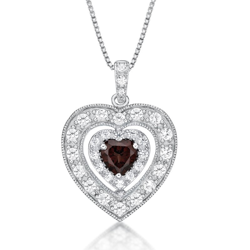 Sterling Silver Heart Pendant Necklace with Garnet and White Sapphire - Gift Ready