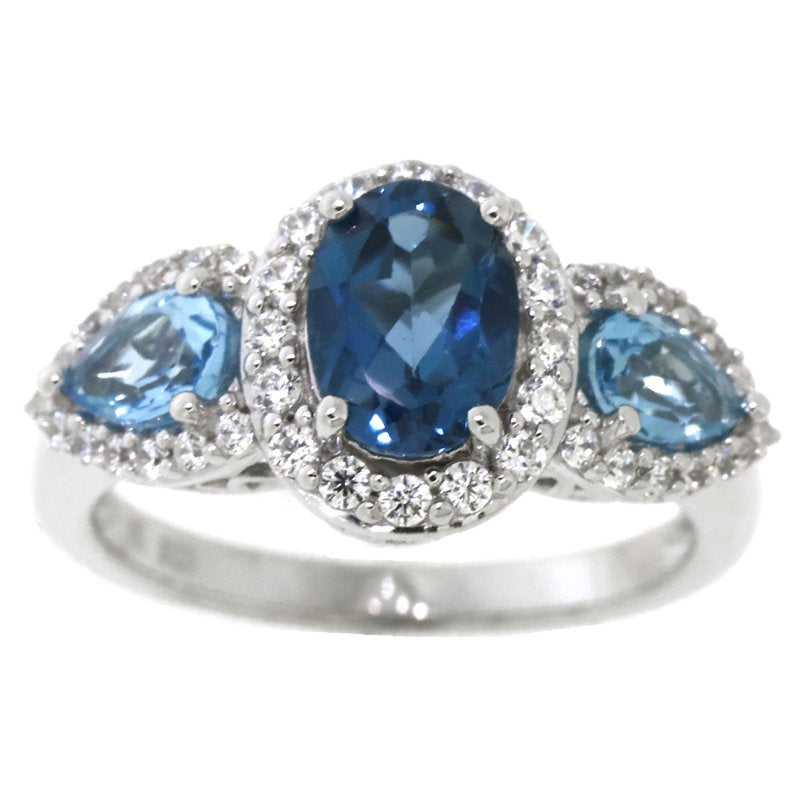 Sterling Silver Blue Topaz Ring with Cubic Zirconia Accent - Adjustable Sizes