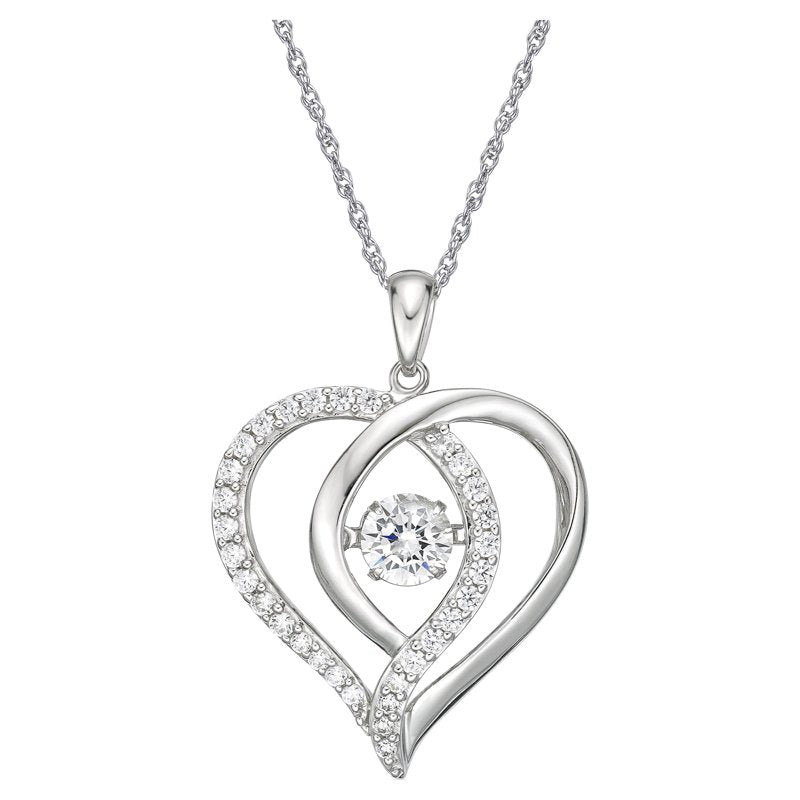 Sterling Silver Double Heart Pendant Necklace with Simulated White Diamond - 18" Rope Chain