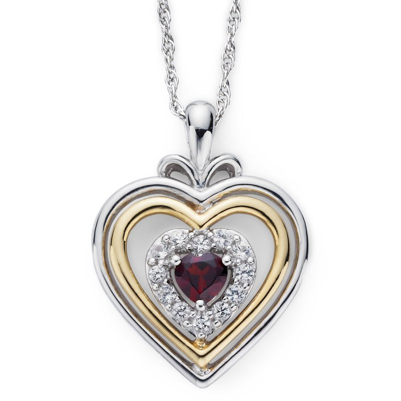 Heart Pendant Necklace with Garnet and White Sapphire in Sterling Silver and Gold Plating – All Birthstone Variants