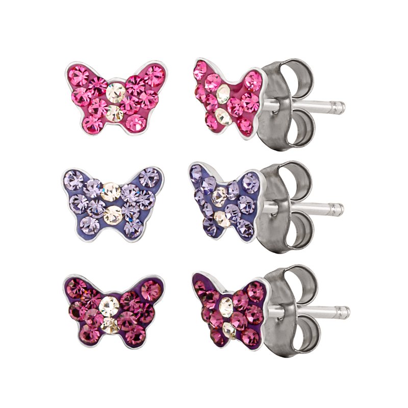 Sterling Silver Butterfly Stud Earrings Set for Girls - 3 Pairs