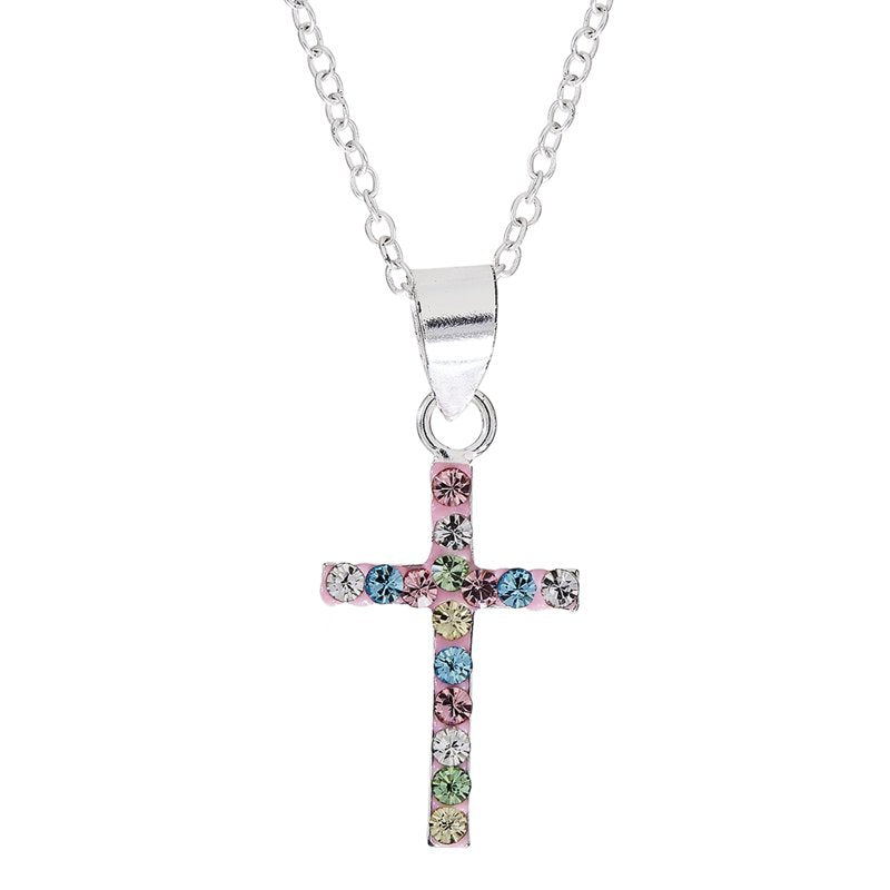 Sterling Silver Crystal Cross Necklace for Girls - 18 Inch Chain