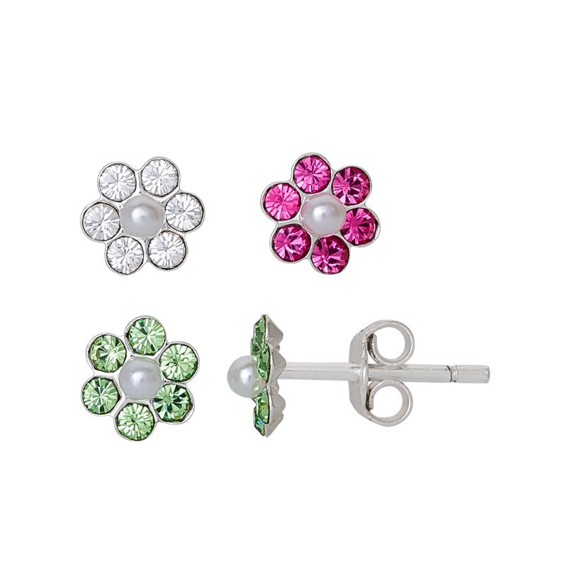 Girl’s Sterling Silver Crystal Flower Stud Earrings Set - 3 Pairs