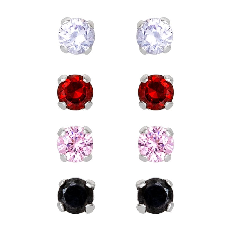 Sterling Silver Cubic Zirconia Stud Earrings Set for Girls - 4 Pairs