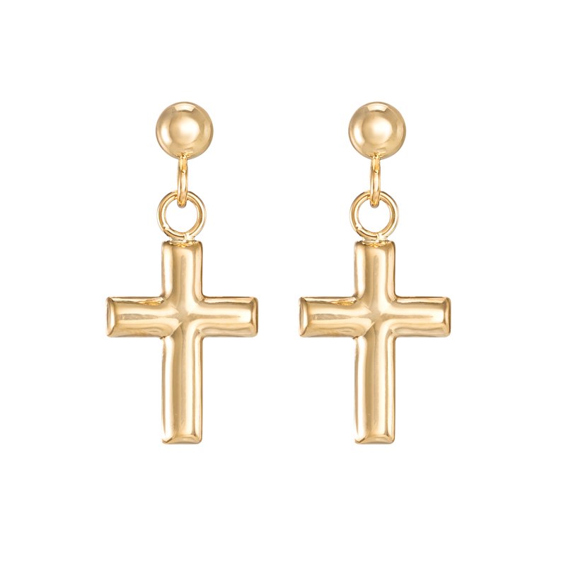 Girls Tween 14K Yellow Gold Cross Stud Earrings - Religious Jewelry