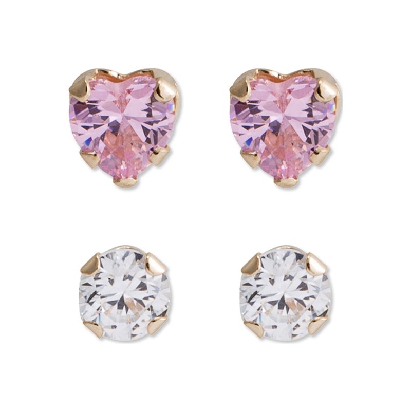 Girls and Tweens 14K Gold CZ Stud Earring Set - Heart & Round Design