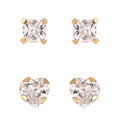 Girls 14K Gold CZ Square & Heart Stud Earring Set - Tween Jewelry Gift