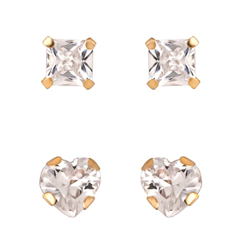 Girls 14K Gold CZ Square & Heart Stud Earring Set - Tween Jewelry Gift
