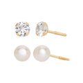 Girls Tween 14K Gold CZ and Pearl Stud Earring Set - Hypoallergenic