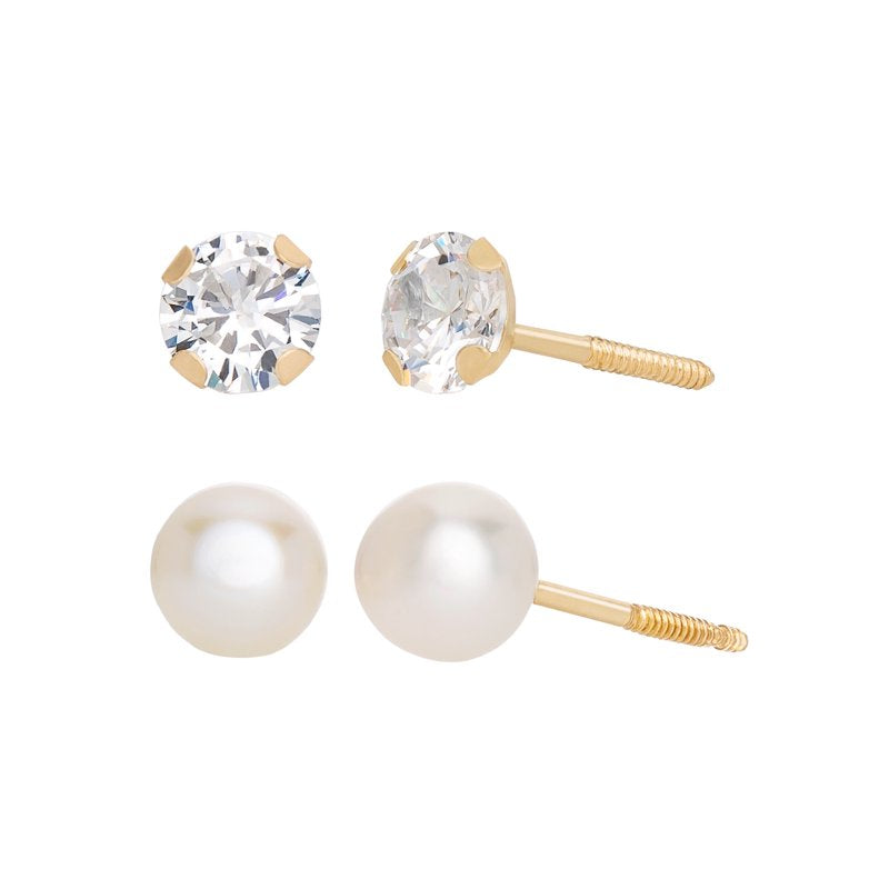 Girls Tween 14K Gold CZ and Pearl Stud Earring Set - Hypoallergenic