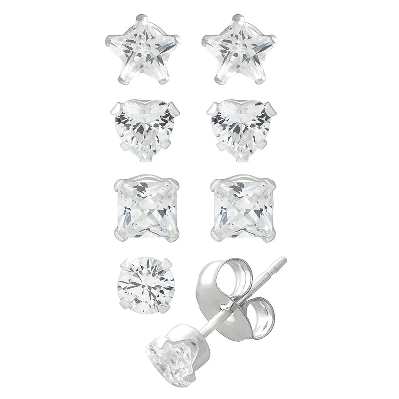 Girls Sterling Silver CZ Multi Stud Earring Set - 4 Pairs for Girls & Tweens