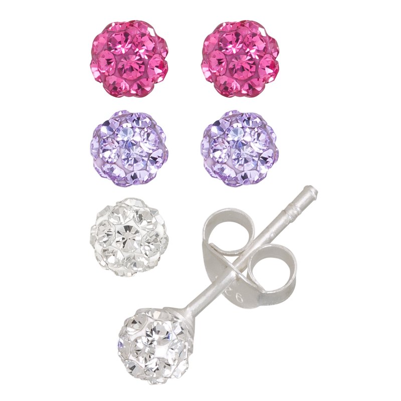 Sterling Silver Crystal Ball Stud Earrings Set for Girls & Tweens