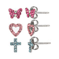 Sterling Silver Crystal Heart Butterfly Cross Earring Set for Girls & Tweens