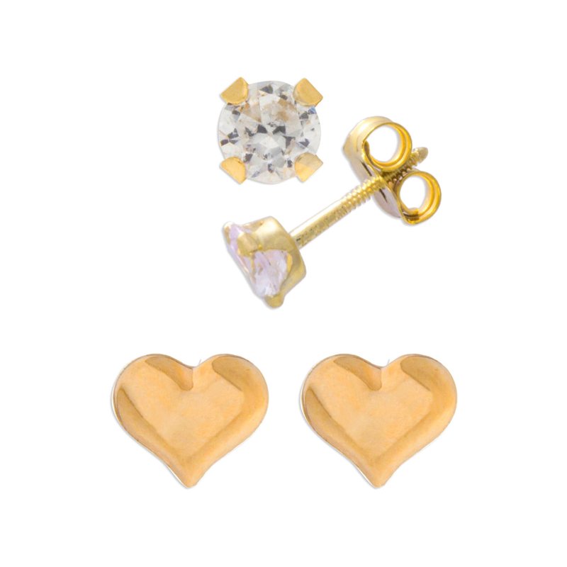 Girls Tween 14K Gold CZ Heart Stud Earring Set - 2 Pairs