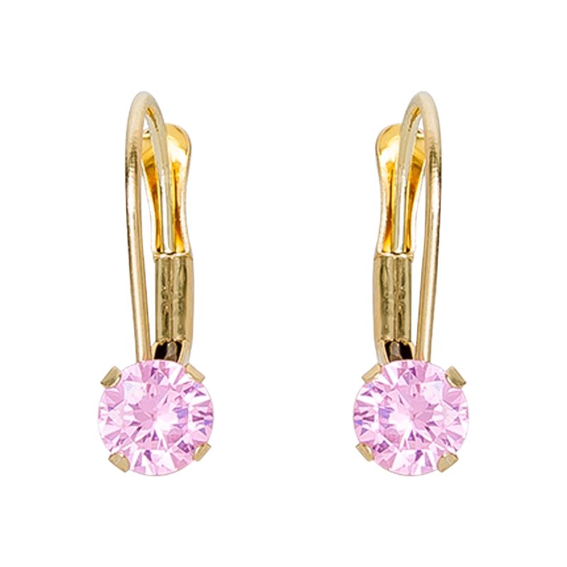 Girls Tween 14K Yellow Gold Pink CZ Lever Back Earrings - Kids Jewelry