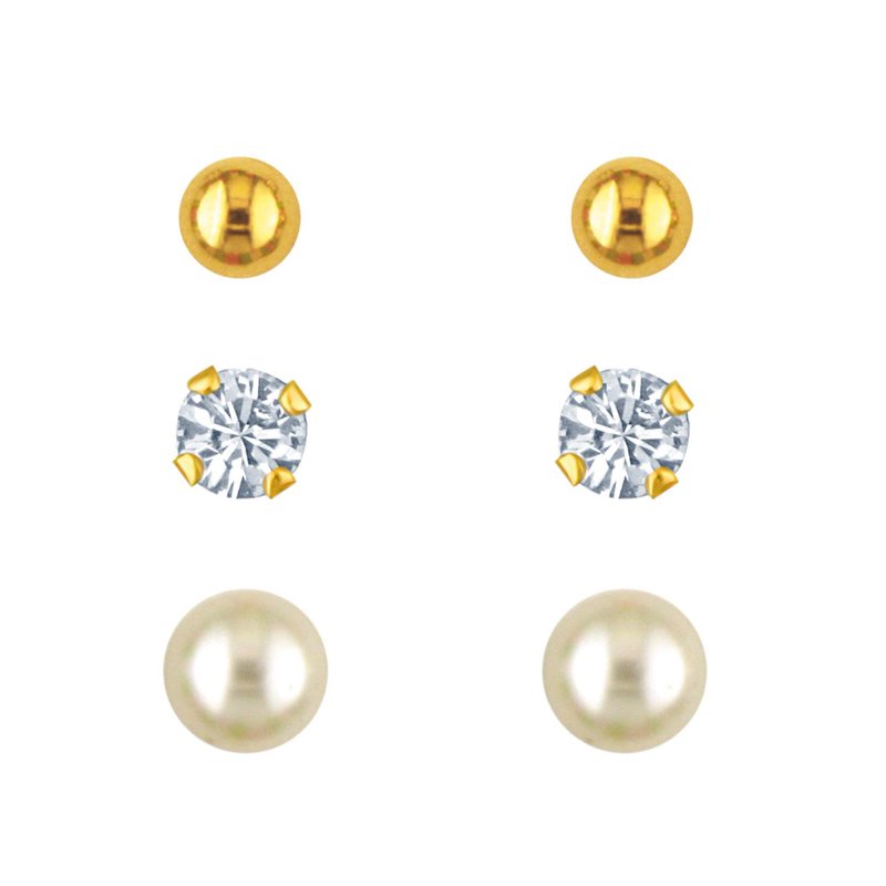 Kids Gold Filled Crystal Pearl Stud Earrings Set - 3 Pairs Jewelry Gift