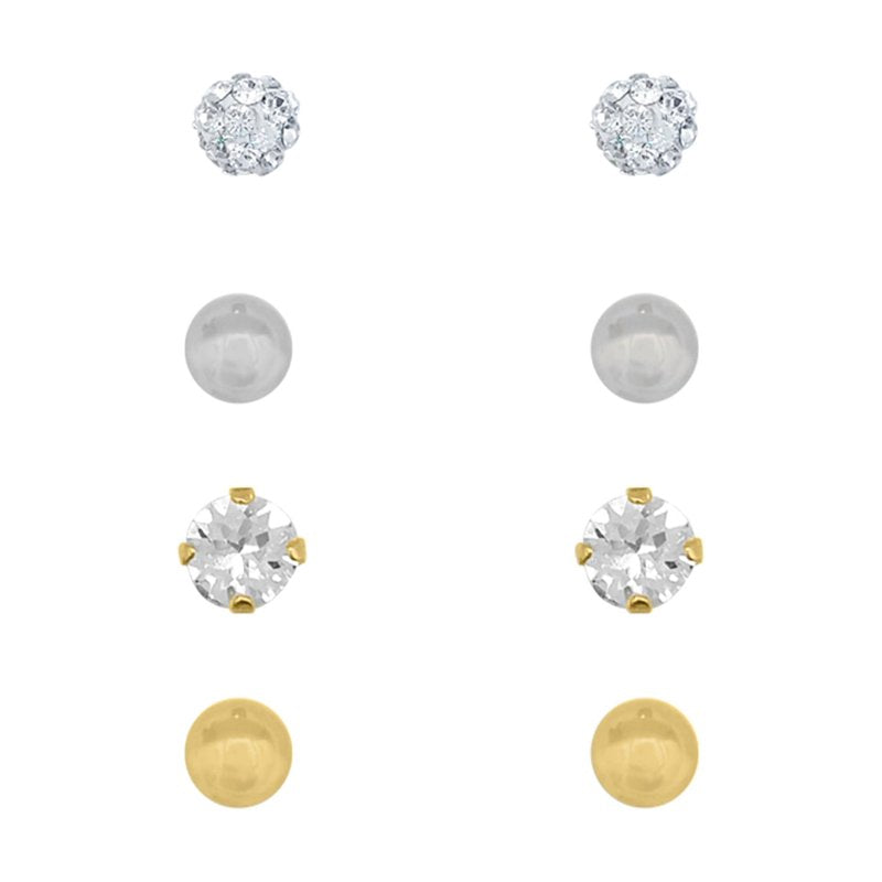 Children's Gold Filled Crystal & Ball Stud Earrings Set - 4 Pairs