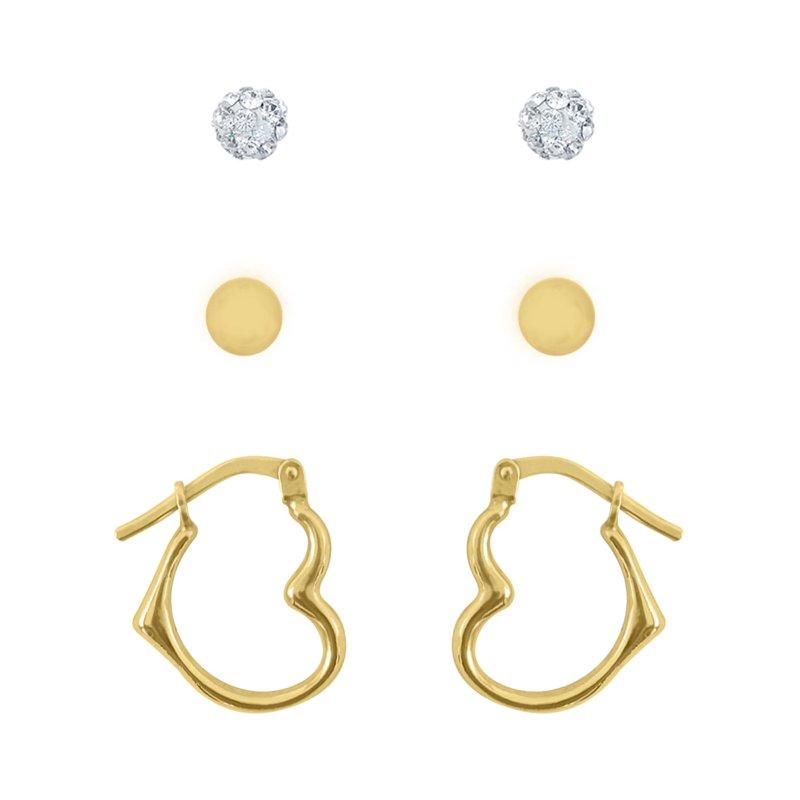Children's Gold Filled Crystal Ball & Heart Hoop Earrings Set - 3 Pairs