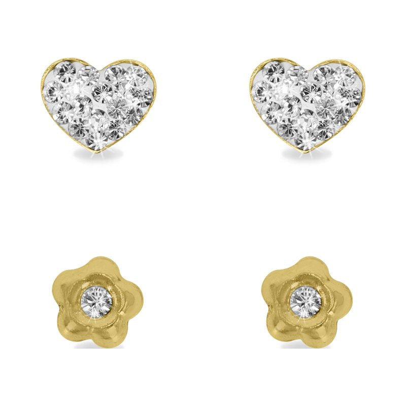 Children's Gold Filled Crystal Flower Heart Stud Earrings Set