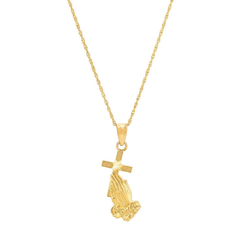 10K Gold Praying Hands Necklace with Cross Pendant, 14-Inch Gold Filled Chain