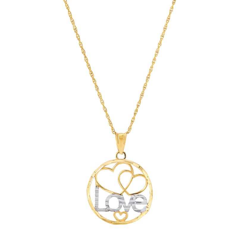 10K Yellow Gold Rhodium Love Hearts Circle Pendant Necklace - 18 Inch Chain