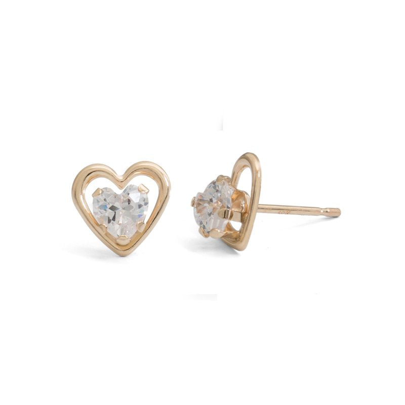 Women’s 10kt Gold Heart Cubic Zirconia Stud Earrings - Elegant Gift-Ready Jewelry