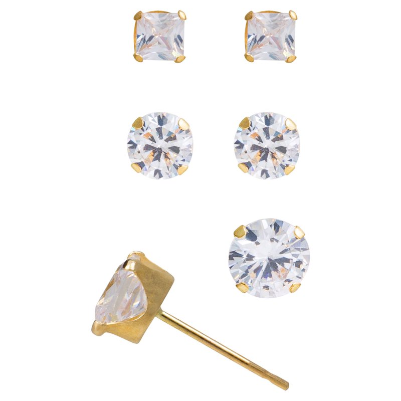10kt Yellow Gold Square Cubic Zirconia Stud Earrings Set - 3 Sizes