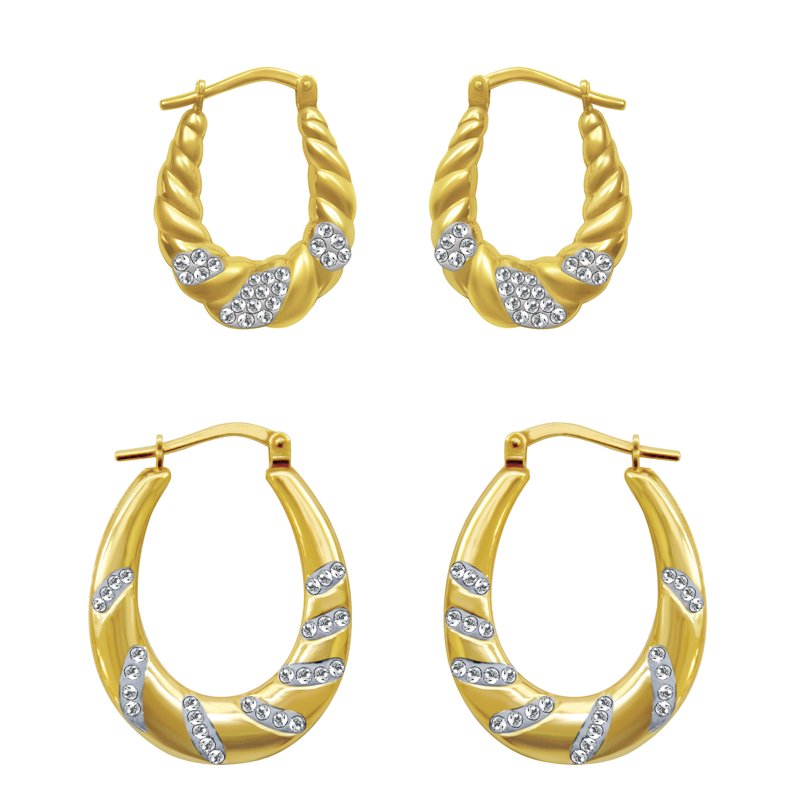 Gold Plated Sterling Silver Hoop Earrings Set with Austrian Crystals - 2 Pairs