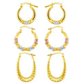 14K Gold Plated Sterling Silver Hoop Earrings Set with Crystals - 3 Pairs