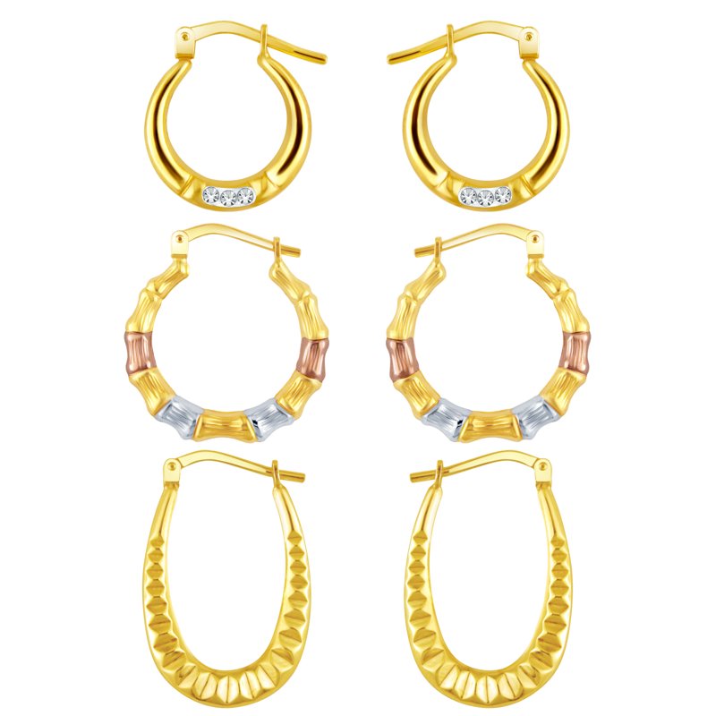 14K Gold Plated Sterling Silver Hoop Earrings Set with Crystals - 3 Pairs