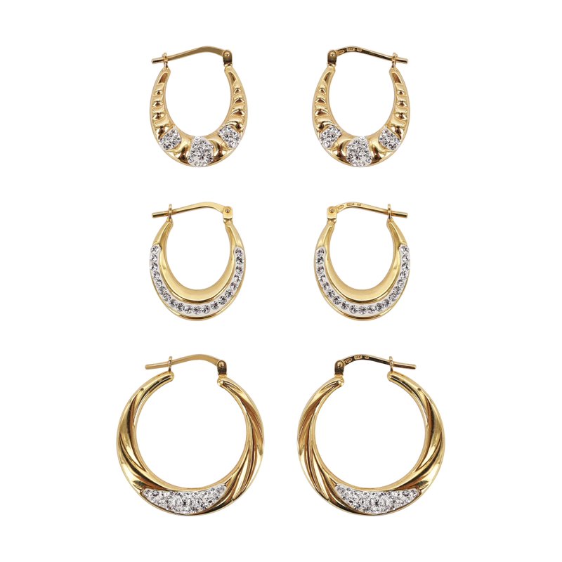 14K Gold Plated Sterling Silver Hoop Earrings Set with Austrian Crystals - 3 Pairs