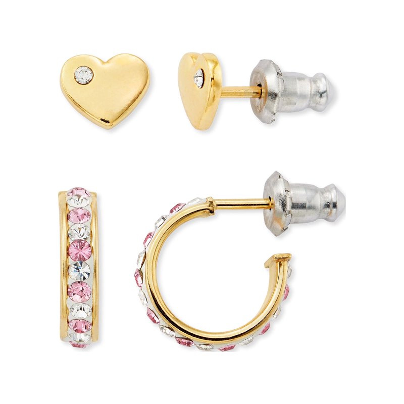 Children's Crystal Heart Earrings Set - Gold Plated Sterling Silver & Hoop Studs