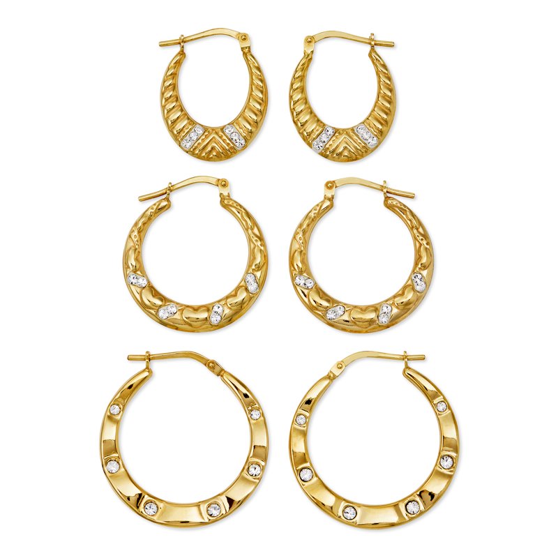 14K Gold Plated Sterling Silver Crystal Hoop Earrings Set - 3 Pairs, Women's Jewelry