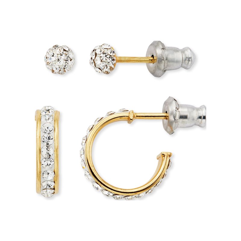 Children's Crystal Earrings Set - 14K Gold Plated Sterling Silver Studs & Hoops